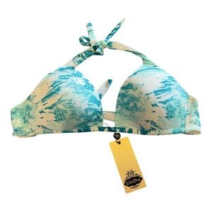 A.Che Womens Teal White Abstract Print Halter Bikini Top Size Large NWT